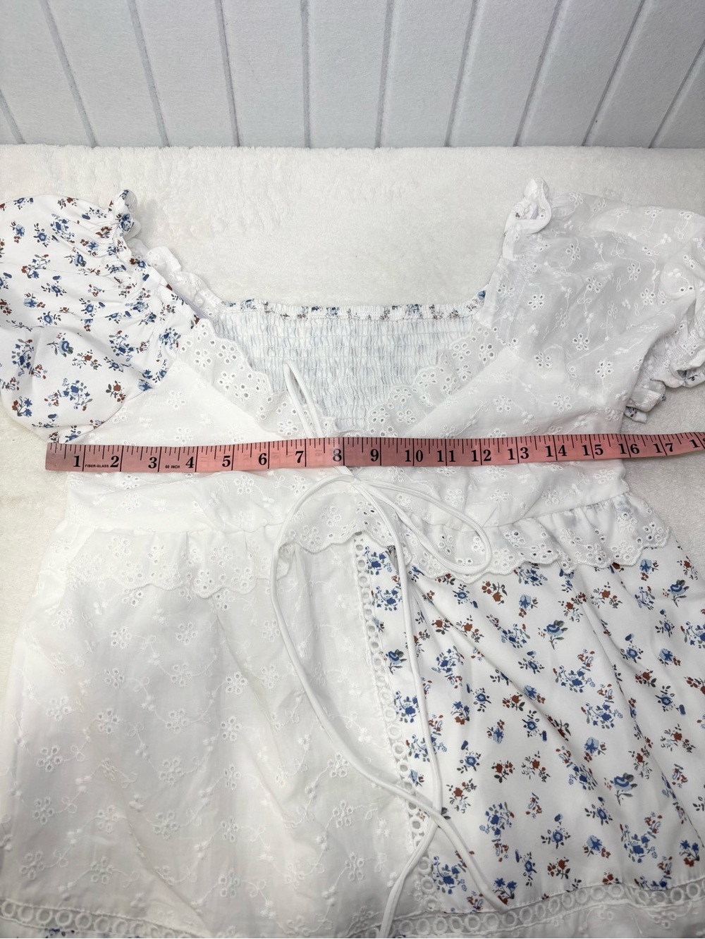 White Eyelet Floral Patchwork Puff Sleeve Babydoll Mini Dress Size S - Picture 6 of 10